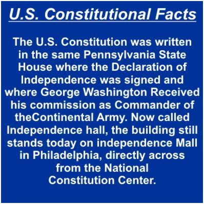 U.S.Constitutional Facts Slide 1 of 12 - The U.S. Constitution was written in the same Pennsylvania State House where the Declaration of Independence was signed and where George Washington Received his commission as Commander of the Continental Army. Now called Independence hall, the building still stands today on independence Mall in Philadelphia, directly across from the National Constitution Center.