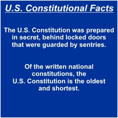U.S.Constitutional Facts Slide 3 of 12 - The U.S. Constitution was prepared in secret, behind locked doors that were guarded by sentries.Of the written national constitutions, the
U.S. Constitution is the oldest and shortest. 