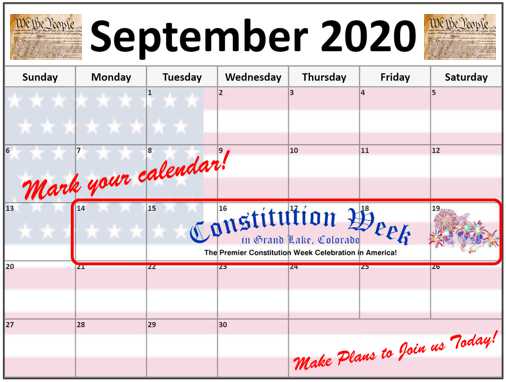 This is a 2020 September Calendar used to remind people of the 2020 Constintution Week dates of September 14-19th.