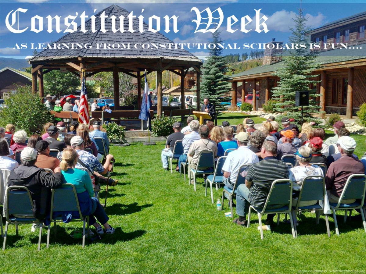 Slide 6 - Picture of speaker and constitutional expert David Kopel taken in Grand Lake, Colorado during Constitution Week - Now with text supporting Constitution Week and exclaiming that learning from constitutional scholars is fun.